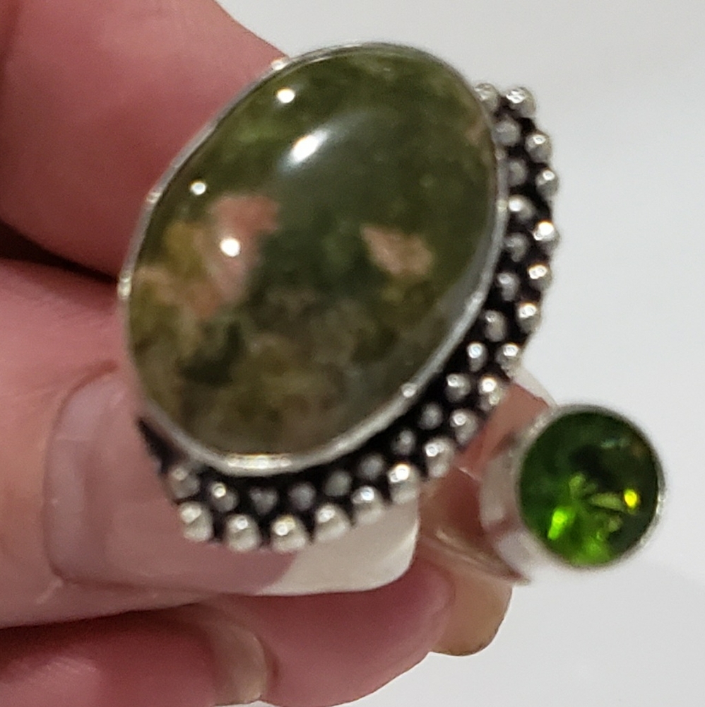 Beautiful, Handmade Unique Unakite Peridot Gem 925 Ring